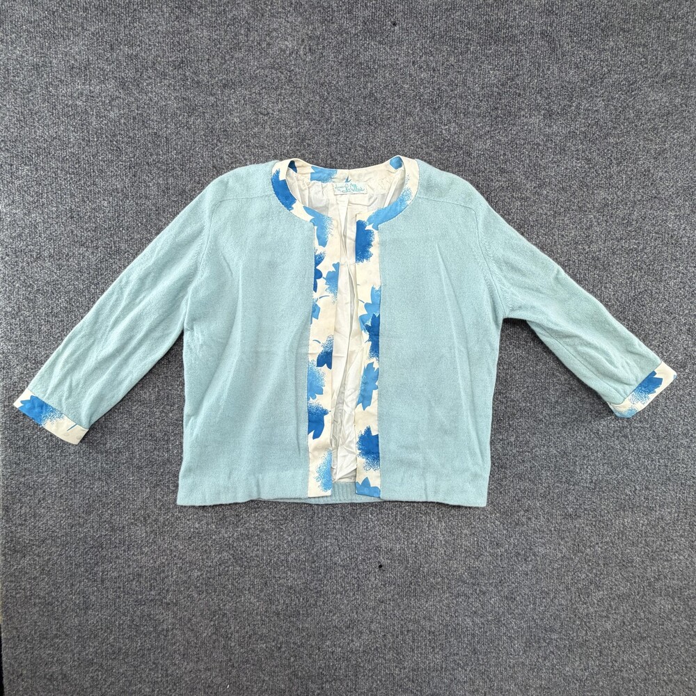 Vintage Dalton Sweater Cardigan Womens Medium Blue Cashmere Lined Floral